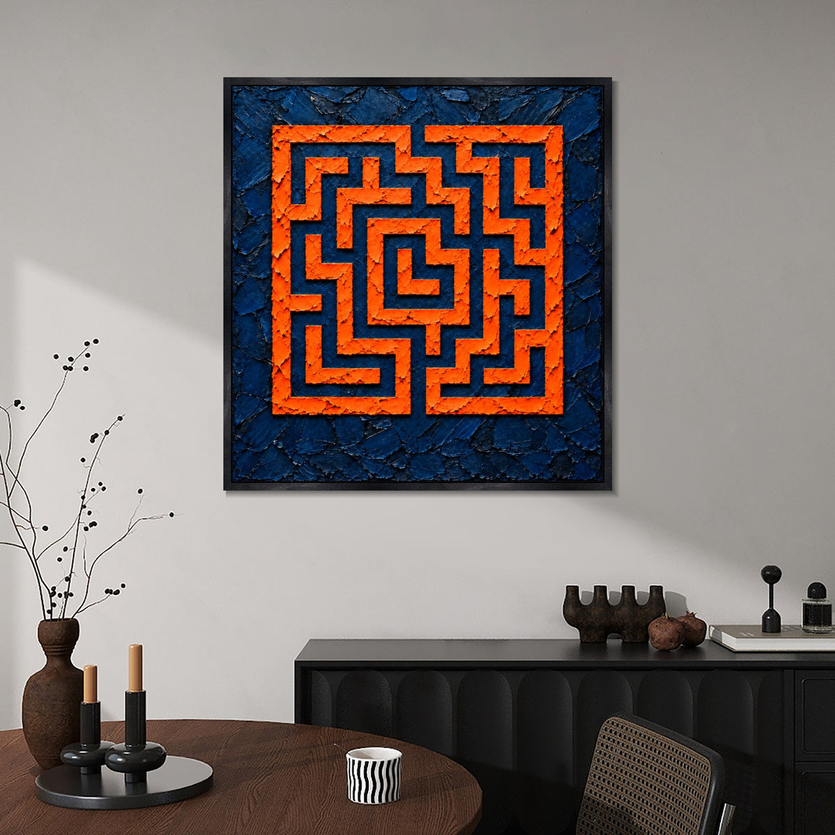 INVIN ART Framed Canvas 100% Handpainted Oil Painting Orange Square Maze Wall Art