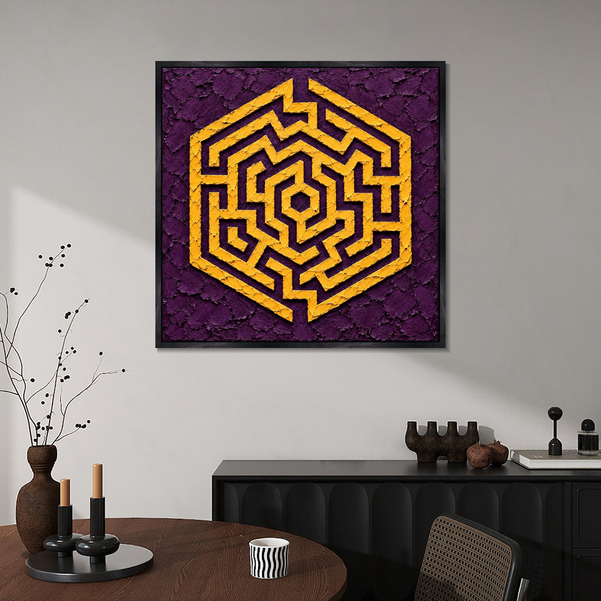 INVIN ART Framed Canvas 100% Handpainted Oil Painting Golden Hexagon Maze Wall Art