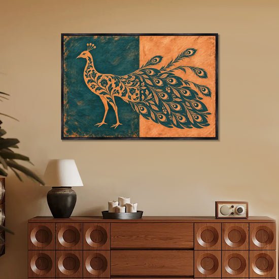 INVIN ART Framed Canvas 100% Handpainted Oil Painting Teal and Peach Peacock Wall Art