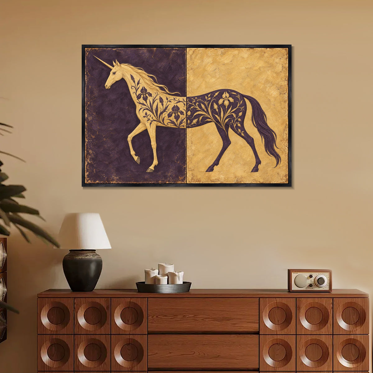 INVIN ART Framed Canvas 100% Handpainted Oil Painting Unicorn in Plum and Gold Wall Art