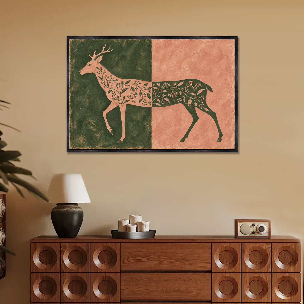 INVIN ART Framed Canvas 100% Handpainted Oil Painting Deer in Moss and Coral Wall Art