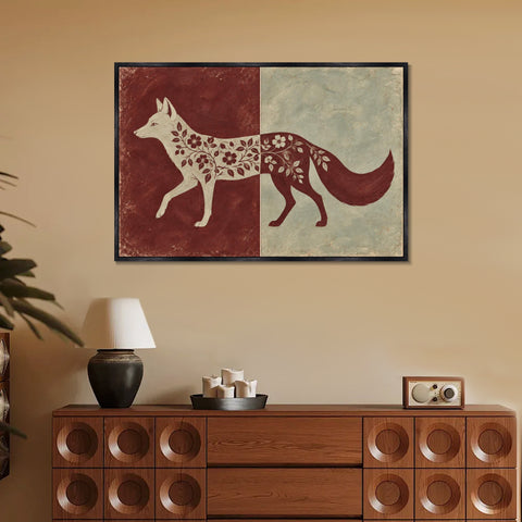 INVIN ART Framed Canvas 100% Handpainted Oil Painting Fox in Burgundy and Celadon Wall Art