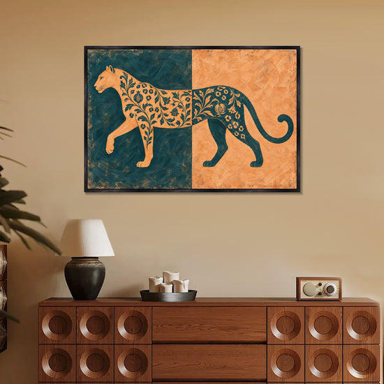 INVIN ART Framed Canvas 100% Handpainted Oil Painting Leopard in Teal and Peach Wall Art