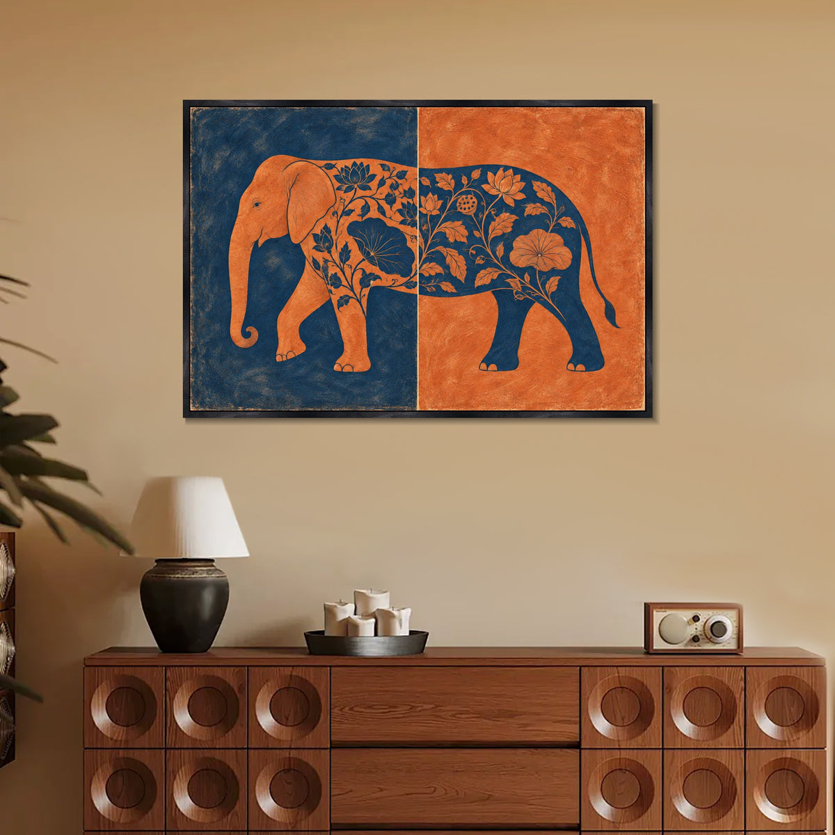 INVIN ART Framed Canvas 100% Handpainted Oil Painting Elephant in Indigo and Coral Wall Art
