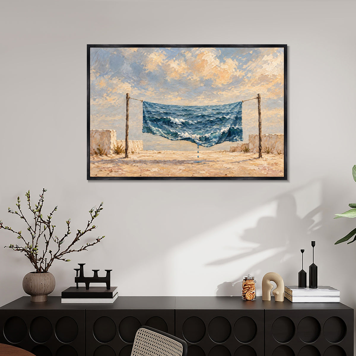 INVIN ART Framed Canvas 100% Handpainted Oil Painting A Sea Hung Out to Dry Wall Art