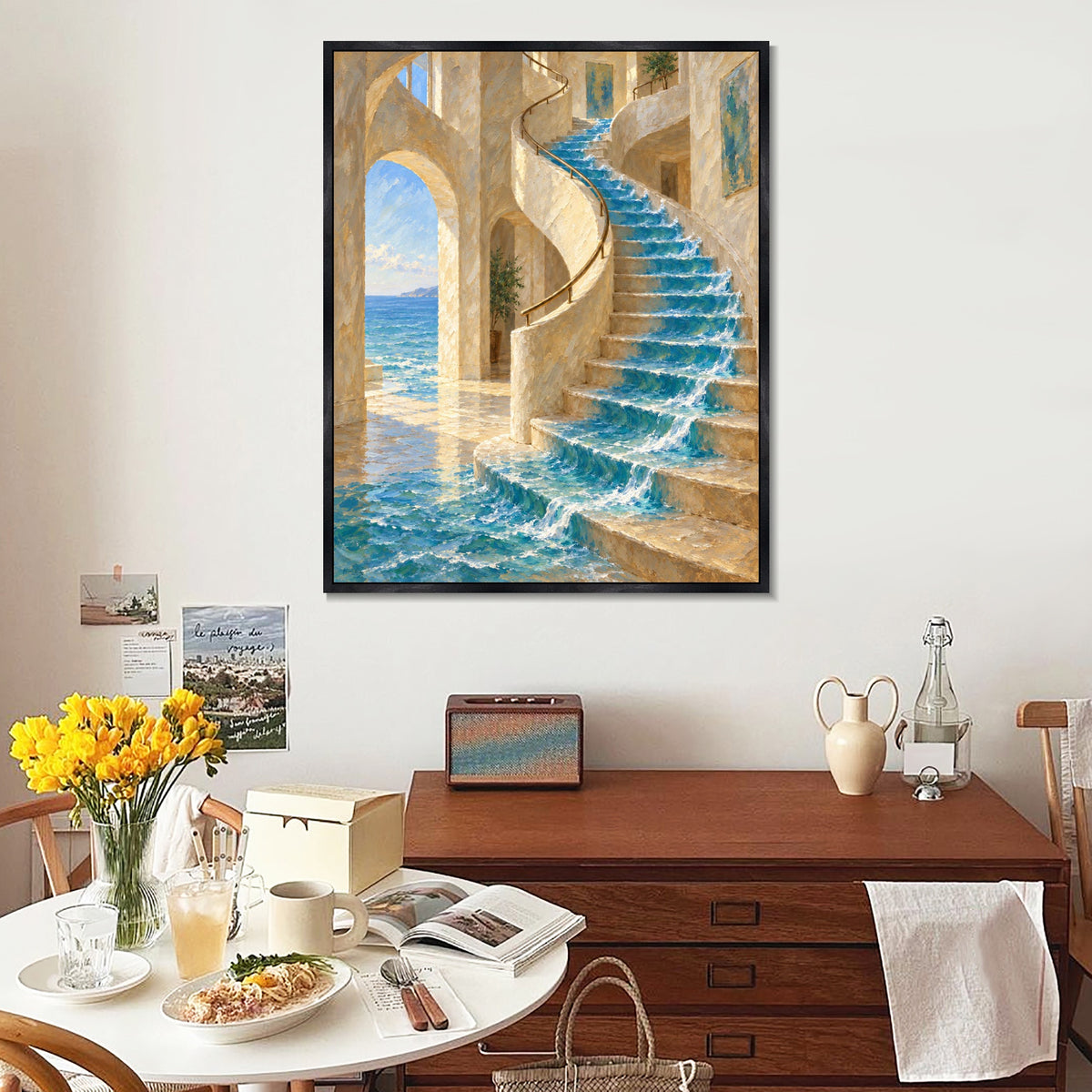 INVIN ART Framed Canvas 100% Handpainted Oil Painting The Sea on the Staircase Wall Art