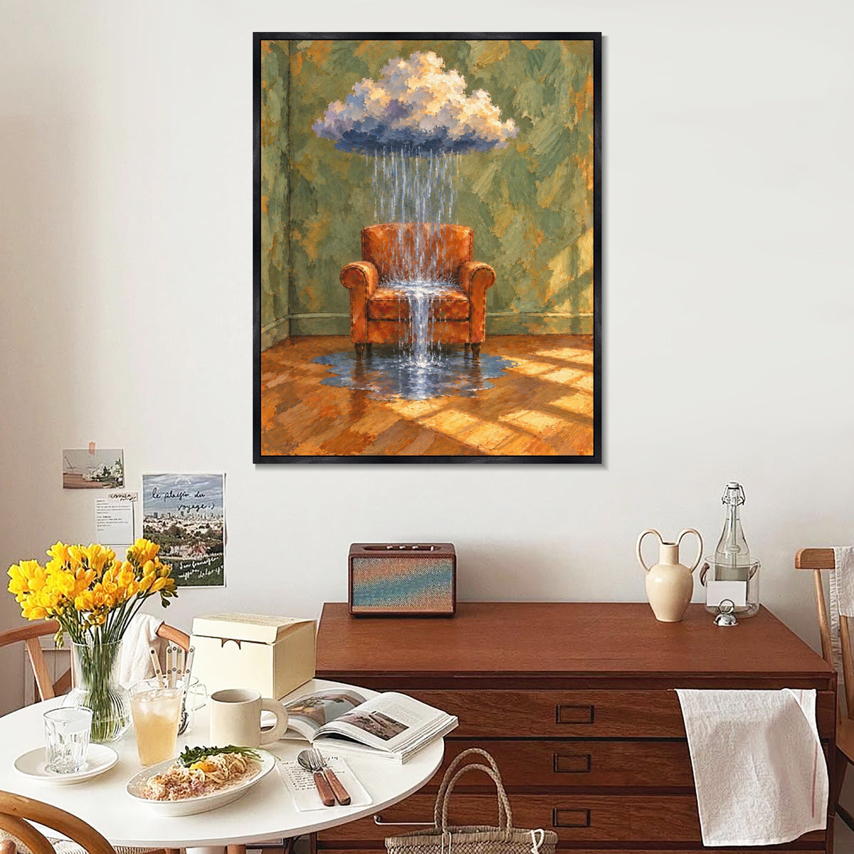 INVIN ART Framed Canvas 100% Handpainted Oil Painting Armchair Beneath a Rain Cloud Wall Art