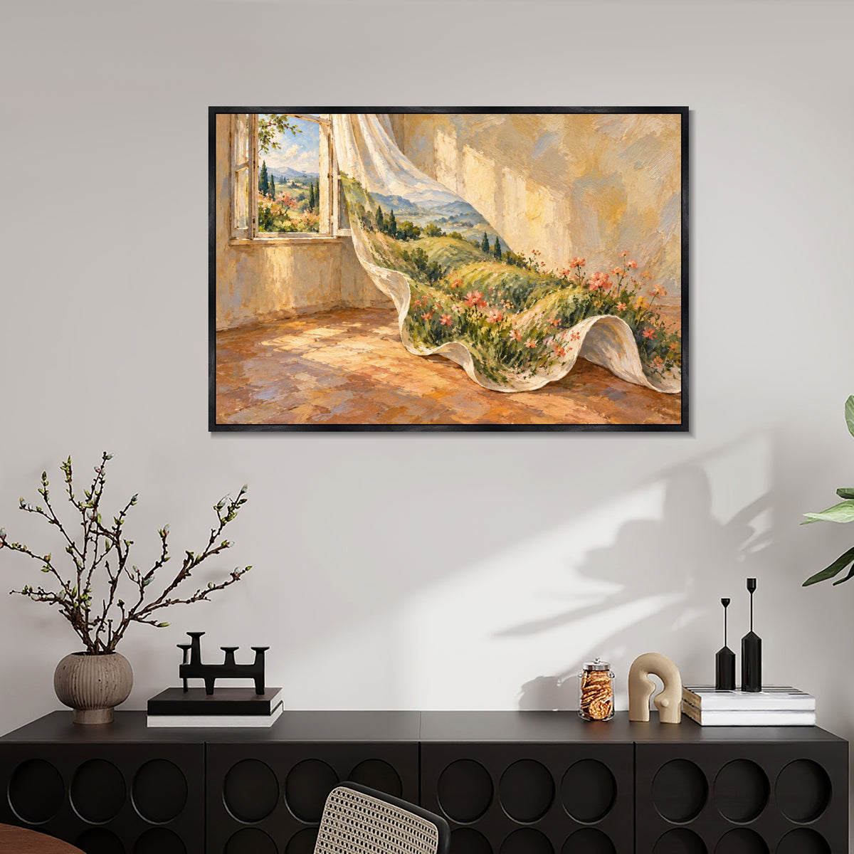 INVIN ART Framed Canvas 100% Handpainted Oil Painting A Meadow in the Curtain Wall Art