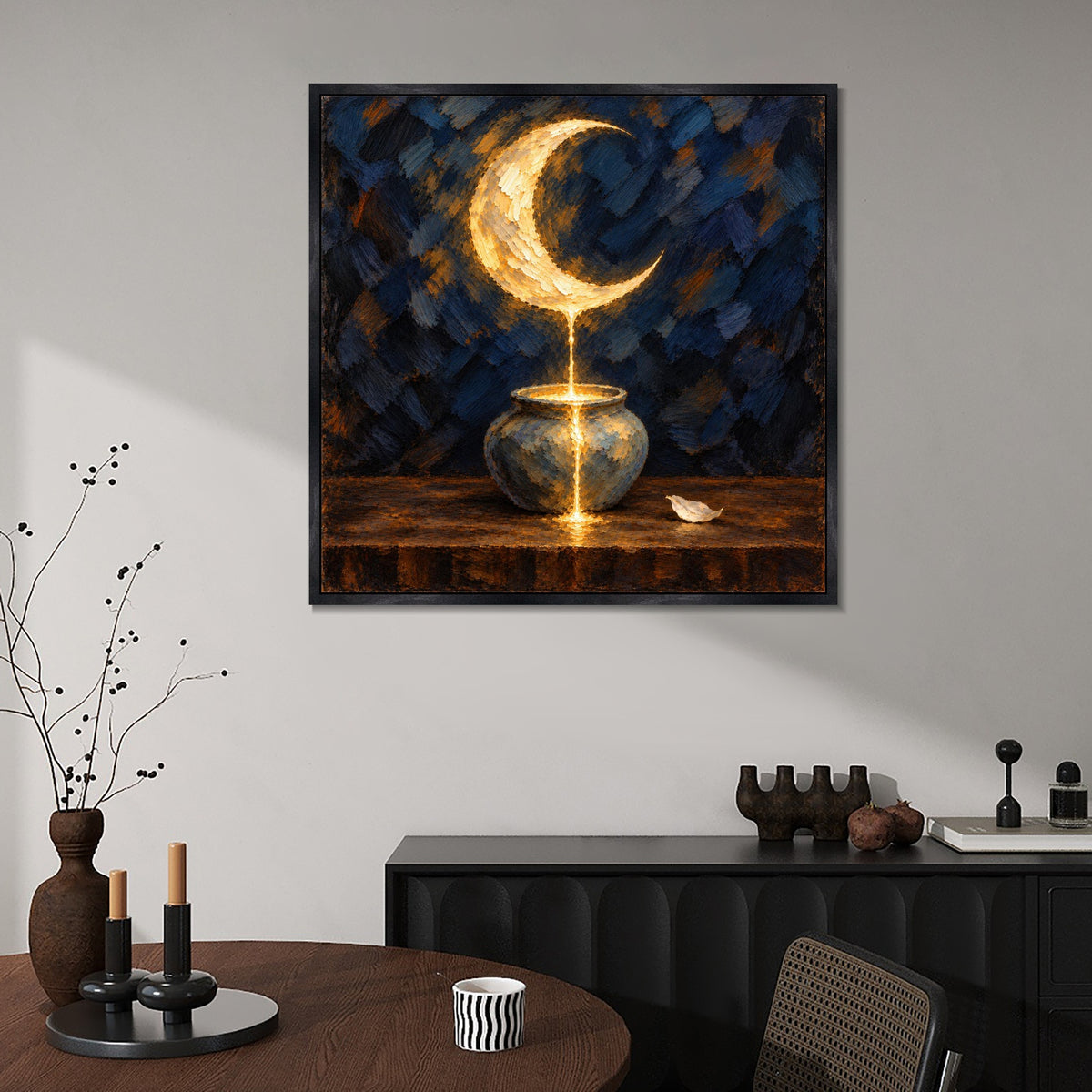 INVIN ART Framed Canvas 100% Handpainted Oil Painting Moonlight into the Vessel Wall Art