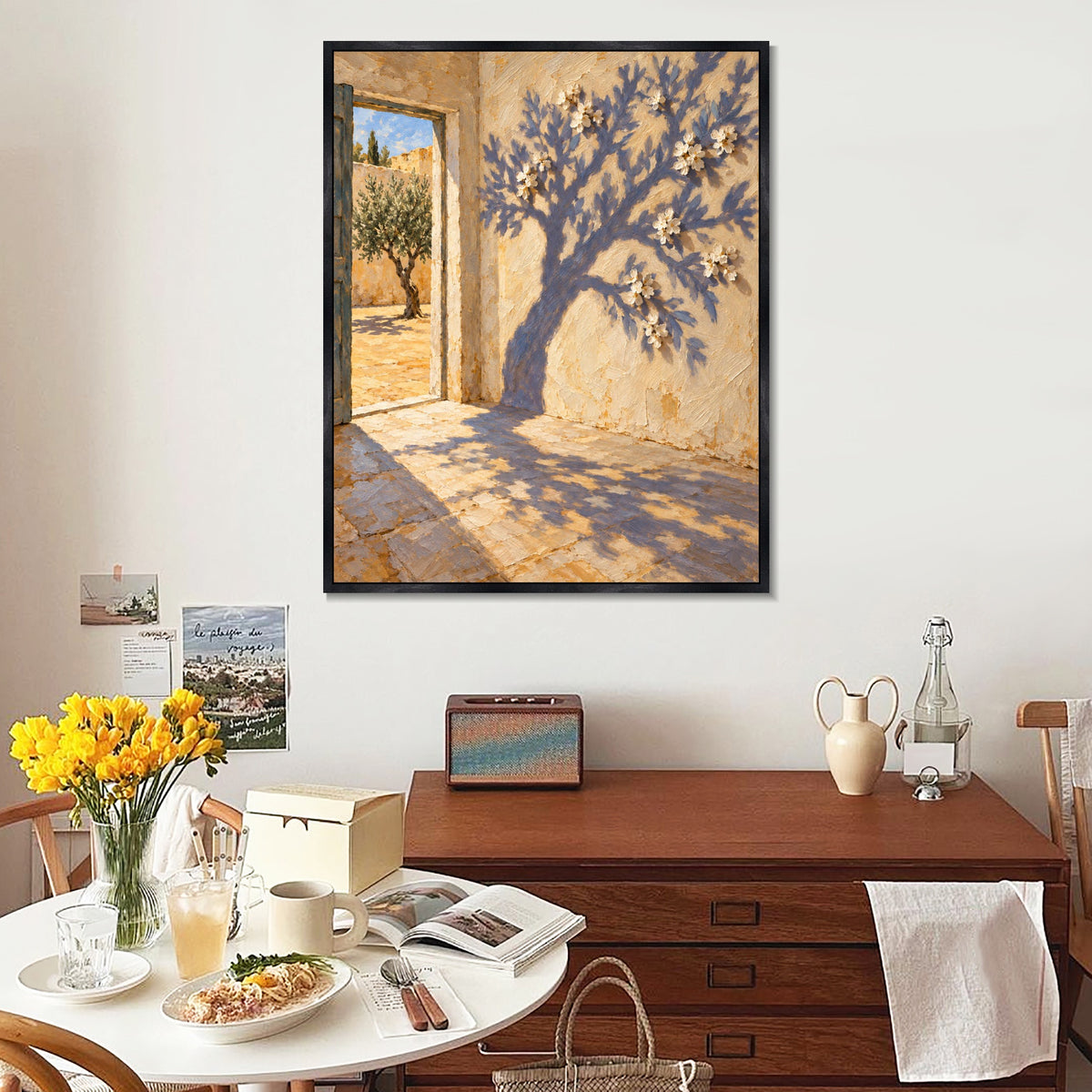 INVIN ART Framed Canvas 100% Handpainted Oil Painting A Flowering Shadow by the Door Wall Art