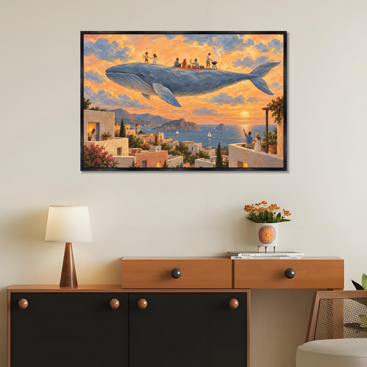 INVIN ART Framed Canvas 100% Handpainted Oil Painting Gathering on the Flying Whale Wall Art