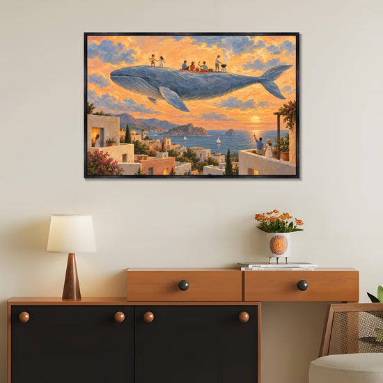 INVIN ART Framed Canvas 100% Handpainted Oil Painting Gathering on the Flying Whale Wall Art