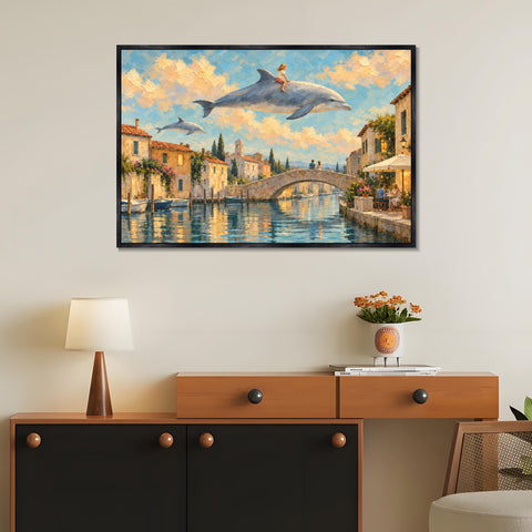 INVIN ART Framed Canvas 100% Handpainted Oil Painting Sky Dolphins Above the Canal Wall Art