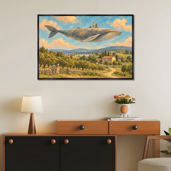 INVIN ART Framed Canvas 100% Handpainted Oil Painting Whale Above the Orchard Wall Art