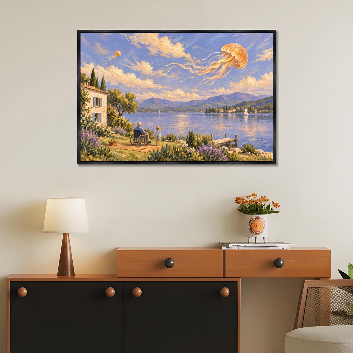 INVIN ART Framed Canvas 100% Handpainted Oil Painting Jellyfish Above the Lakeside Wall Art