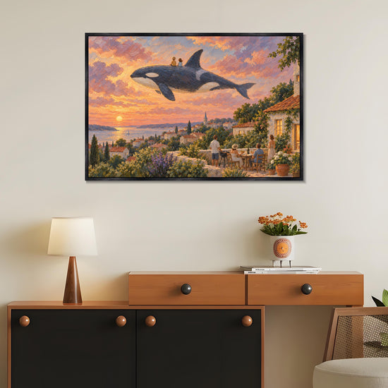 INVIN ART Framed Canvas 100% Handpainted Oil Painting Orca Above the Village Supper Wall Art