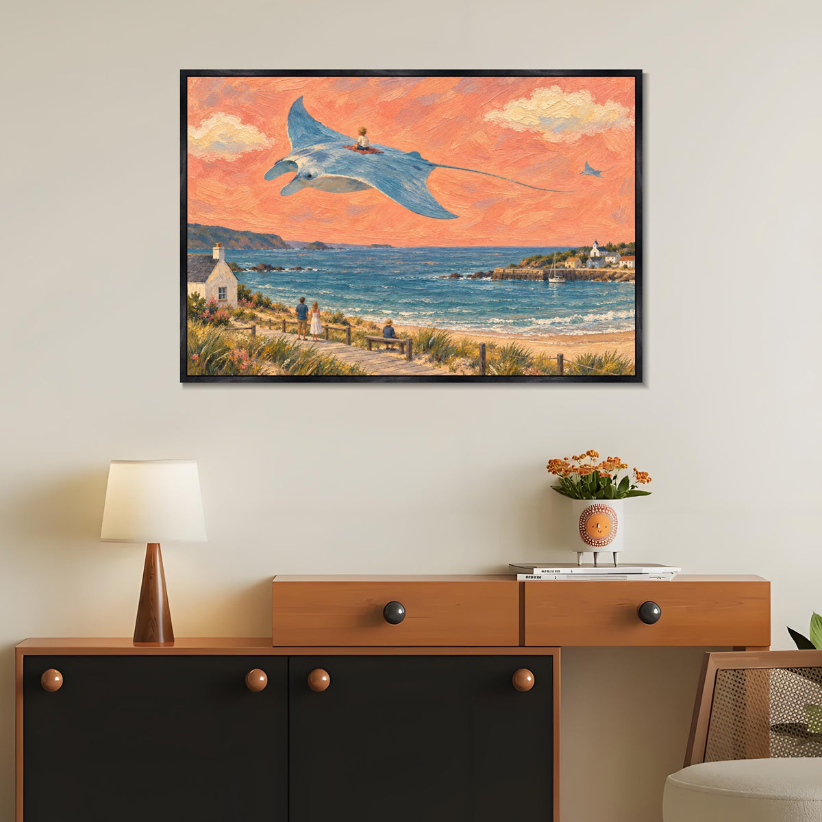 INVIN ART Framed Canvas 100% Handpainted Oil Painting Manta Ray Above the Bay Wall Art