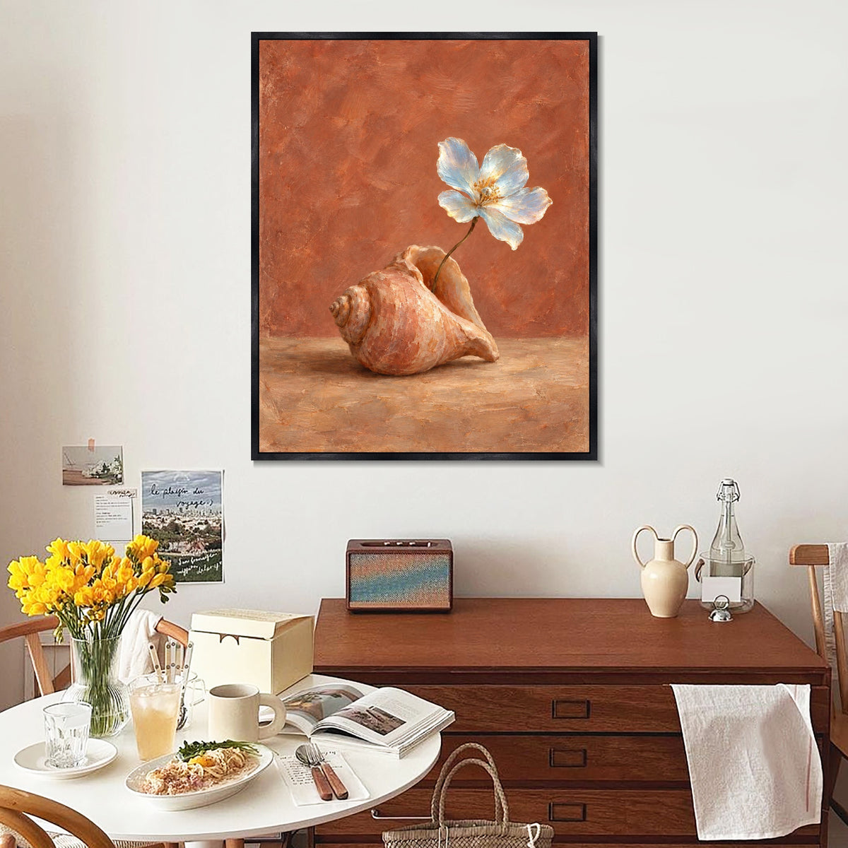 INVIN ART Framed Canvas 100% Handpainted Oil Painting A White Flower in a Shell Wall Art