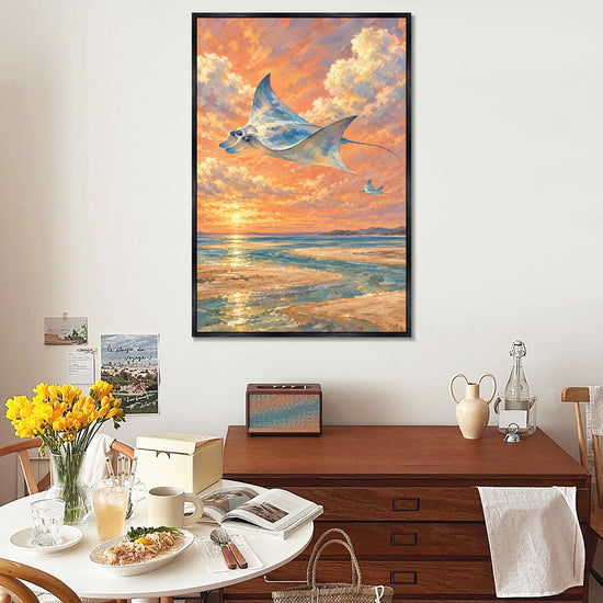 INVIN ART Framed Canvas 100% Handpainted Oil Painting Manta Rays in the Sunset Sky Wall Art
