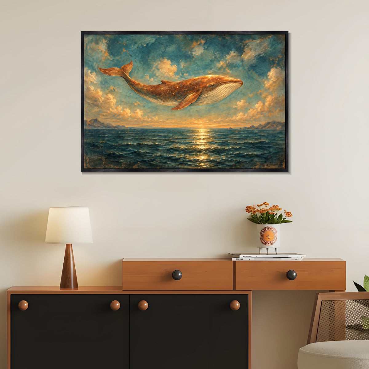 INVIN ART Framed Canvas 100% Handpainted Oil Painting Copper Whale Above the Sea Wall Art