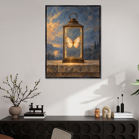 INVIN ART Framed Canvas 100% Handpainted Oil Painting Golden Butterfly in the Lantern Wall Art