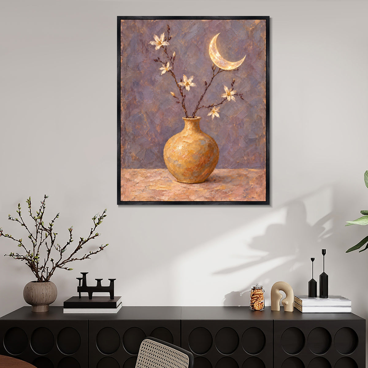 INVIN ART Framed Canvas 100% Handpainted Oil Painting Golden Moon and Flower Vase Wall Art