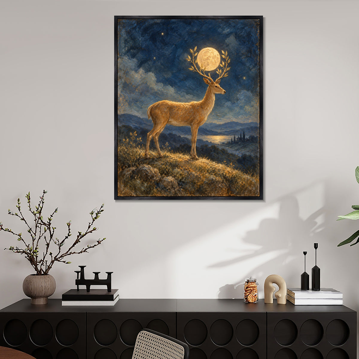 INVIN ART Framed Canvas 100% Handpainted Oil Painting Golden Deer Holding the Moon Wall Art