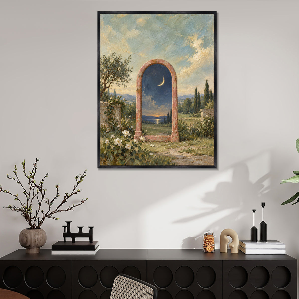 INVIN ART Framed Canvas 100% Handpainted Oil Painting Moonlit Mirror in the Garden Wall Art