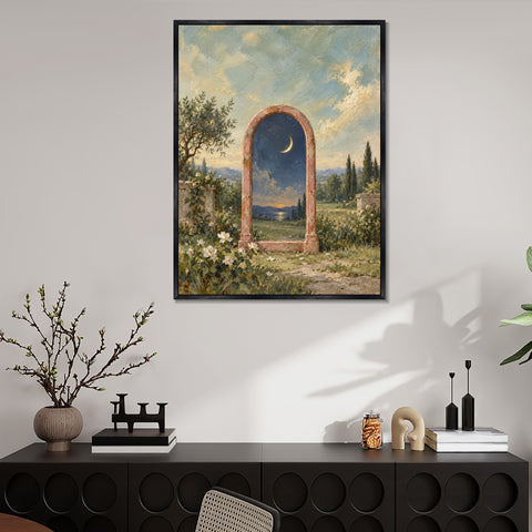 INVIN ART Framed Canvas 100% Handpainted Oil Painting Moonlit Mirror in the Garden Wall Art