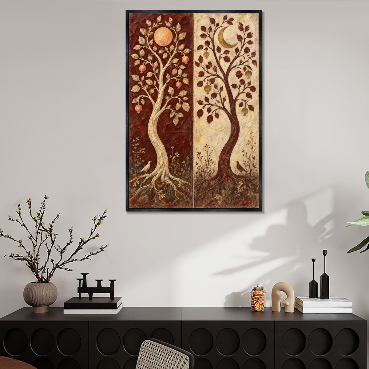 INVIN ART Framed Canvas 100% Handpainted Oil Painting Twin Trees in Burgundy and Ivory Wall Art