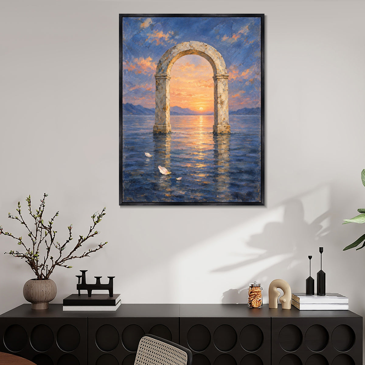 INVIN ART Framed Canvas 100% Handpainted Oil Painting Dawn Arch in Still Water Wall Art