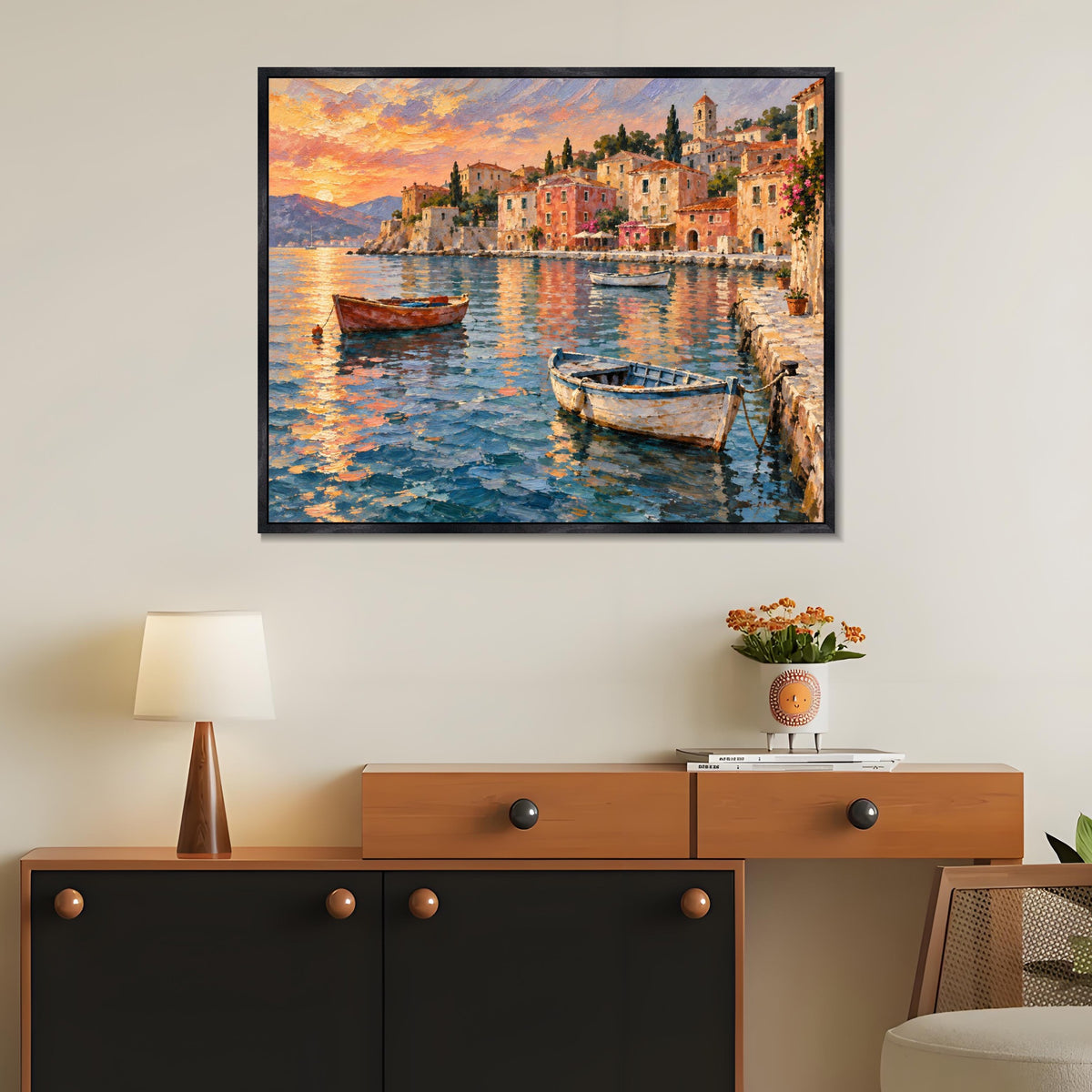 INVIN ART Framed Canvas 100% Handpainted Oil Painting Boats in the Evening Harbor Wall Art