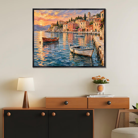 INVIN ART Framed Canvas 100% Handpainted Oil Painting Boats in the Evening Harbor Wall Art