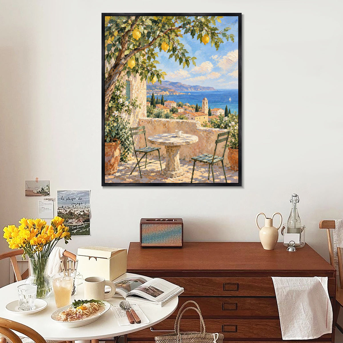INVIN ART Framed Canvas 100% Handpainted Oil Painting Sea View Beneath the Lemon Tree Wall Art