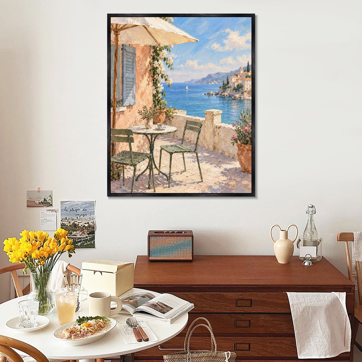 INVIN ART Framed Canvas 100% Handpainted Oil Painting Afternoon on the Coastal Terrace Wall Art