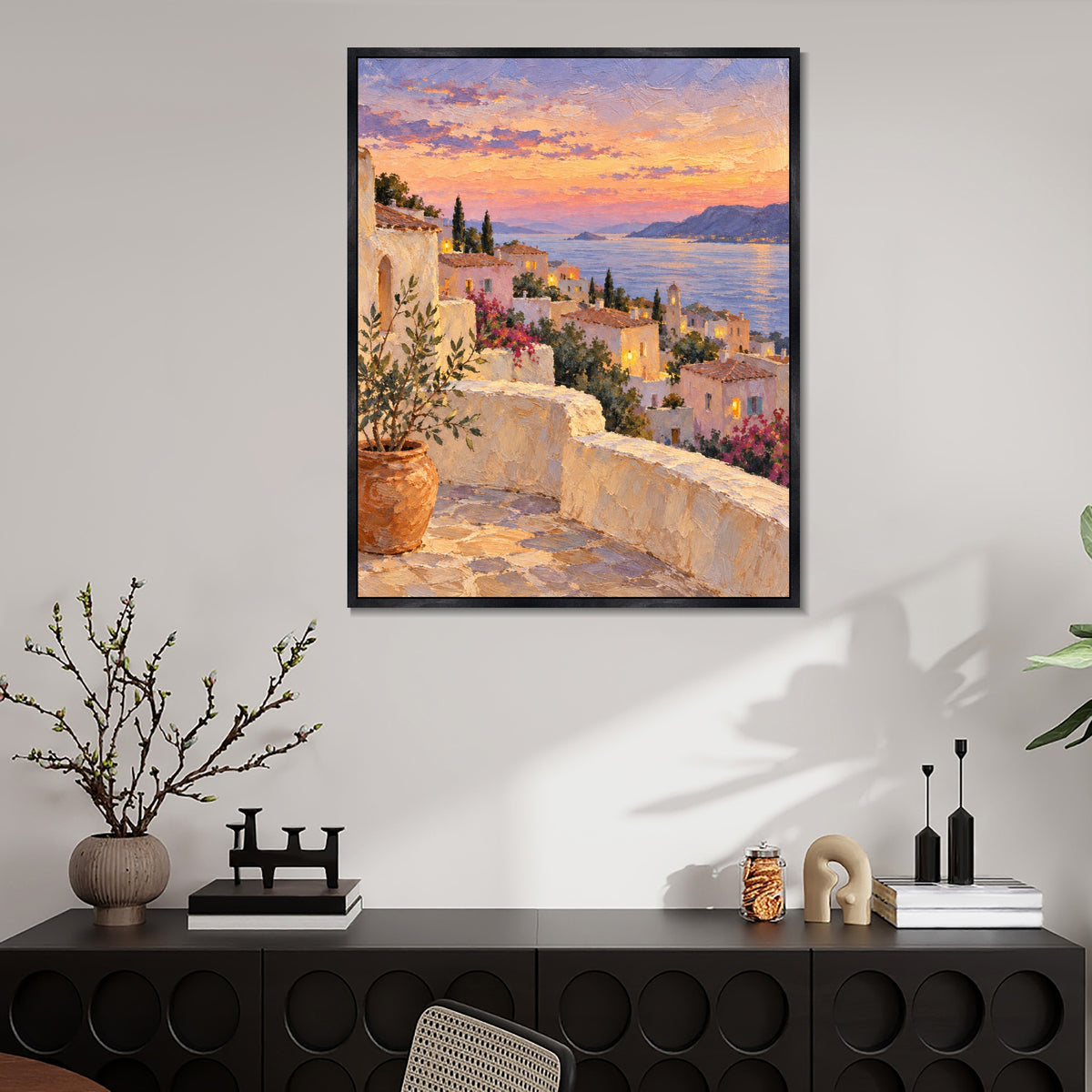 INVIN ART Framed Canvas 100% Handpainted Oil Painting Terraced Town at Sunset Wall Art
