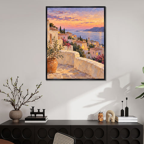 INVIN ART Framed Canvas 100% Handpainted Oil Painting Terraced Town at Sunset Wall Art