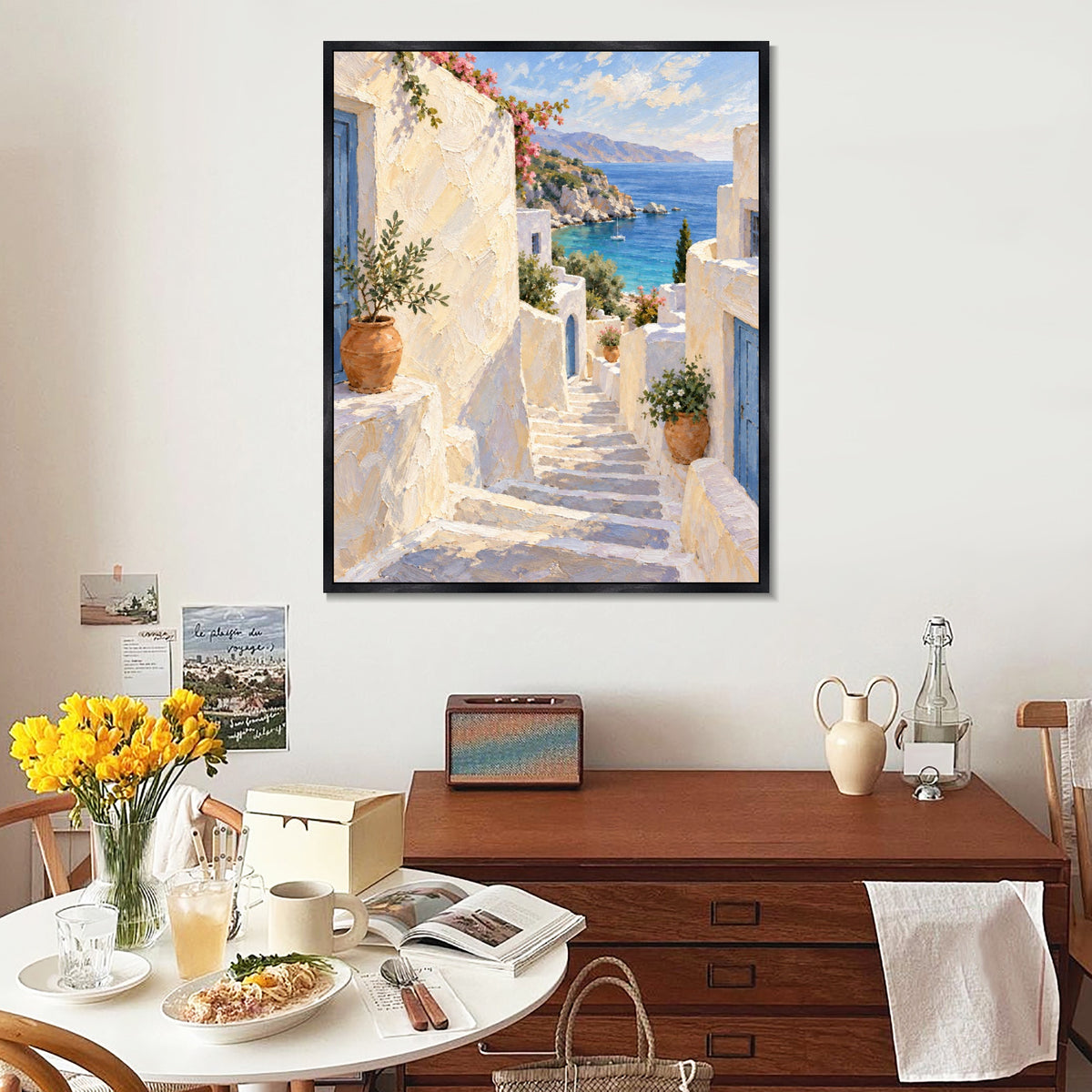 INVIN ART Framed Canvas 100% Handpainted Oil Painting White Steps to the Blue Sea Wall Art