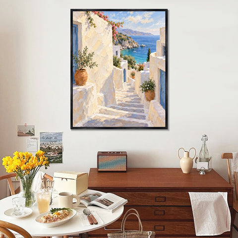 INVIN ART Framed Canvas 100% Handpainted Oil Painting White Steps to the Blue Sea Wall Art
