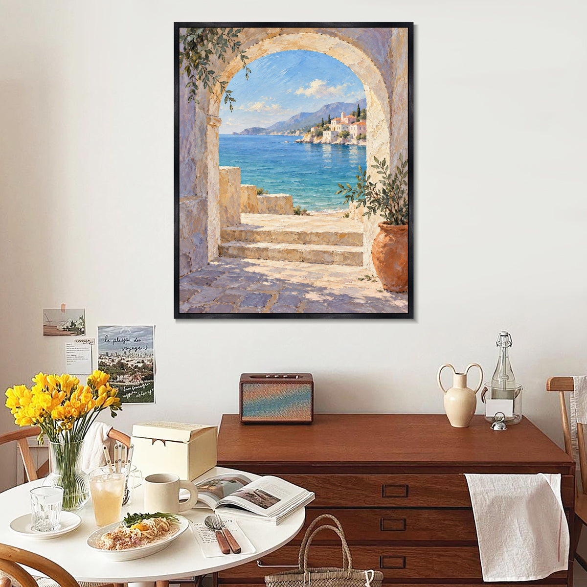 INVIN ART Framed Canvas 100% Handpainted Oil Painting Blue Sea Through the Stone Arch Wall Art