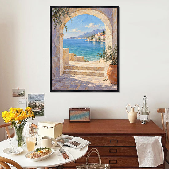 INVIN ART Framed Canvas 100% Handpainted Oil Painting Blue Sea Through the Stone Arch Wall Art