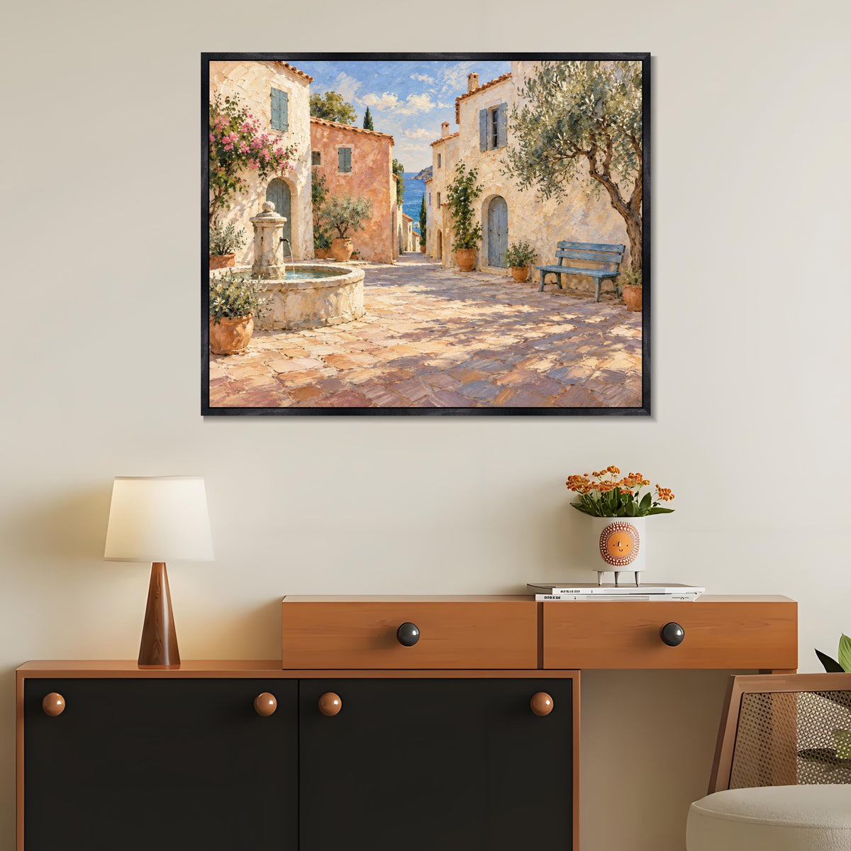 INVIN ART Framed Canvas 100% Handpainted Oil Painting Sunny Lane by the Fountain Wall Art