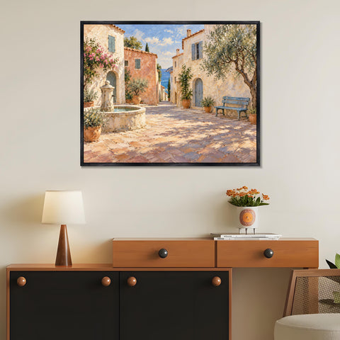 INVIN ART Framed Canvas 100% Handpainted Oil Painting Sunny Lane by the Fountain Wall Art