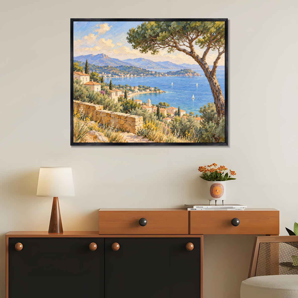 INVIN ART Framed Canvas 100% Handpainted Oil Painting Bay View Beneath the Pine Wall Art