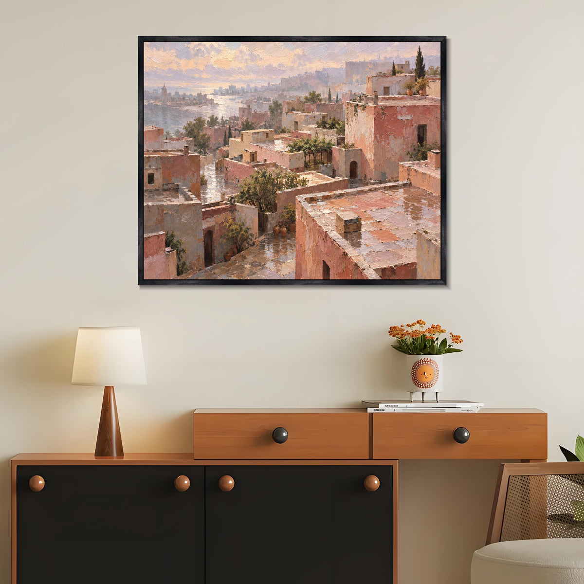 INVIN ART Framed Canvas 100% Handpainted Oil Painting Pink Rooftops Above the Sea Wall Art