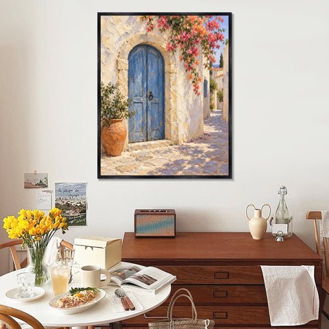 INVIN ART Framed Canvas 100% Handpainted Oil Painting Blue Door Beneath Blossoms Wall Art