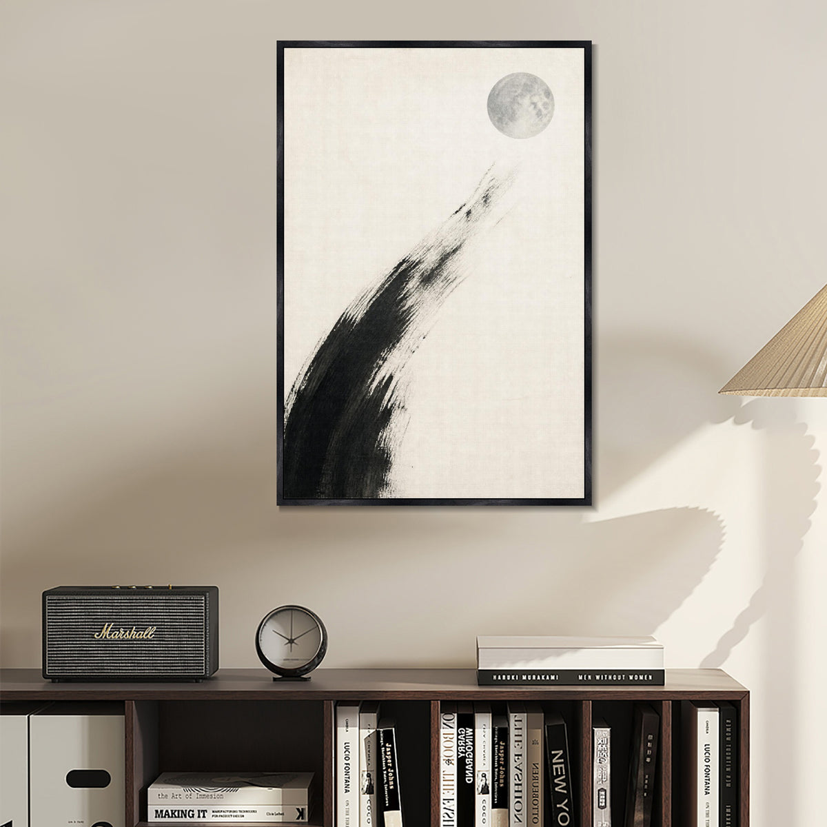 INVIN ART Framed Canvas 100% Handpainted Oil Painting Moon Descending into White Wall Art
