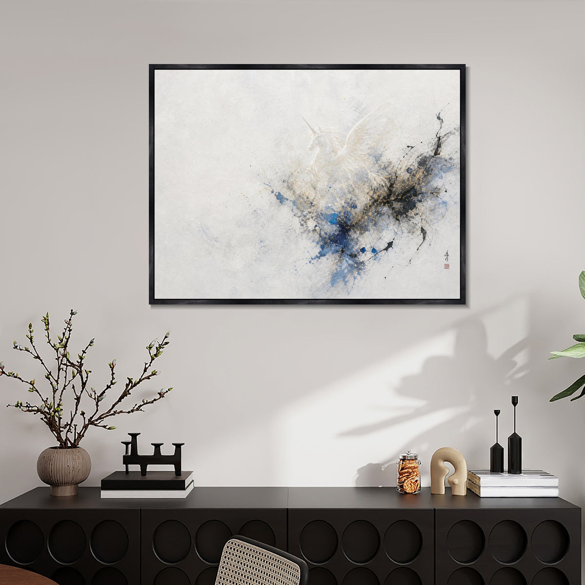 INVIN ART Framed Canvas 100% Handpainted Oil Painting Unicorn in Blue and Gold Mist Wall Art