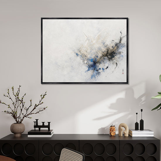 INVIN ART Framed Canvas 100% Handpainted Oil Painting Unicorn in Blue and Gold Mist Wall Art