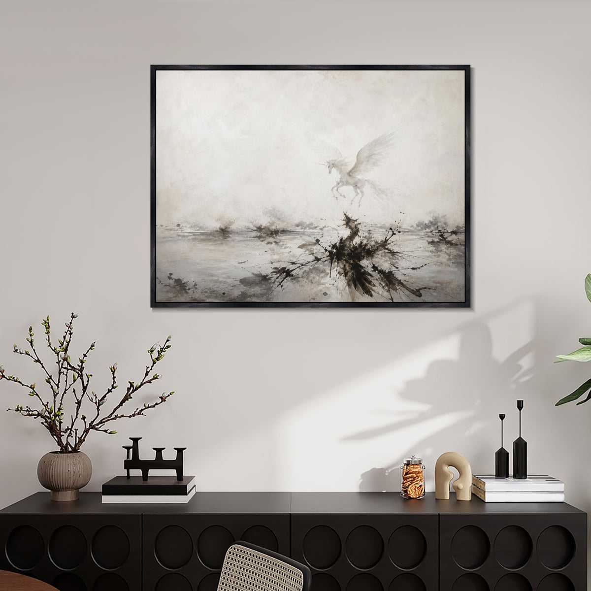 INVIN ART Framed Canvas 100% Handpainted Oil Painting Unicorn Above Misty Waters Wall Art